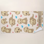 ナマケモノのパターン，かわいいナマケモノ，ハート，あなたの名前 ビーチタオル (正面)