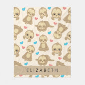 ナマケモノのパターン，かわいいナマケモノ，ハート，あなたの名前 フリースブランケット (正面)