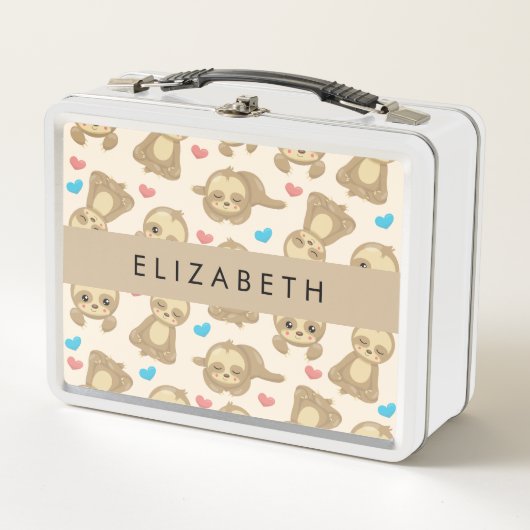 ナマケモノのパターン,かわいいナマケモノ,ハート,あなたの名前 メタルランチボックス (正面)