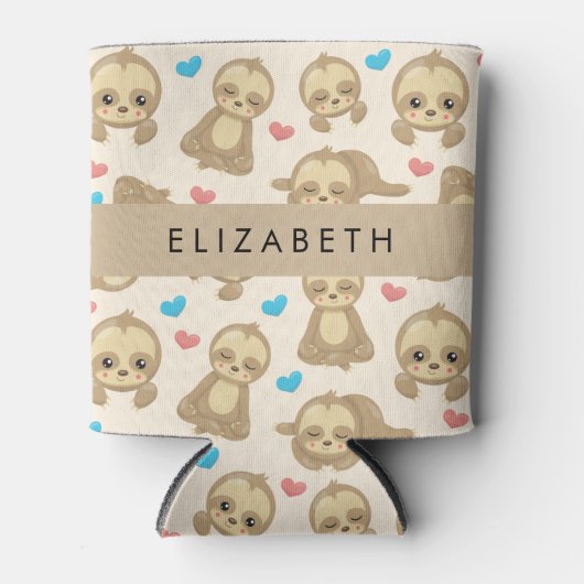 ナマケモノのパターン,かわいいナマケモノ,ハート,あなたの名前 缶クーラー (正面)