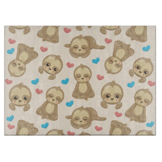 ナマケモノのパターン，かわいいナマケモノ，ハート カッティングボード (正面)