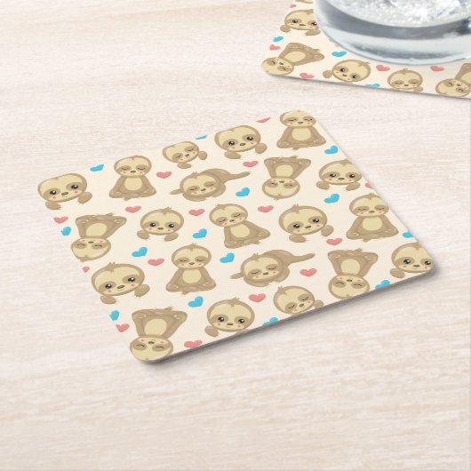 ナマケモノのパターン,かわいいナマケモノ,ハート スクエアペーパーコースター (アングル)