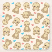 ナマケモノのパターン,かわいいナマケモノ,ハート スクエアペーパーコースター (正面)