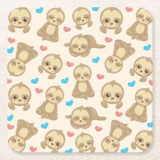 ナマケモノのパターン,かわいいナマケモノ,ハート スクエアペーパーコースター (正面)