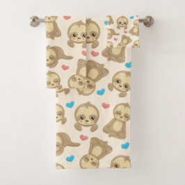 ナマケモノのパターン，かわいいナマケモノ，ハート バスタオルセット