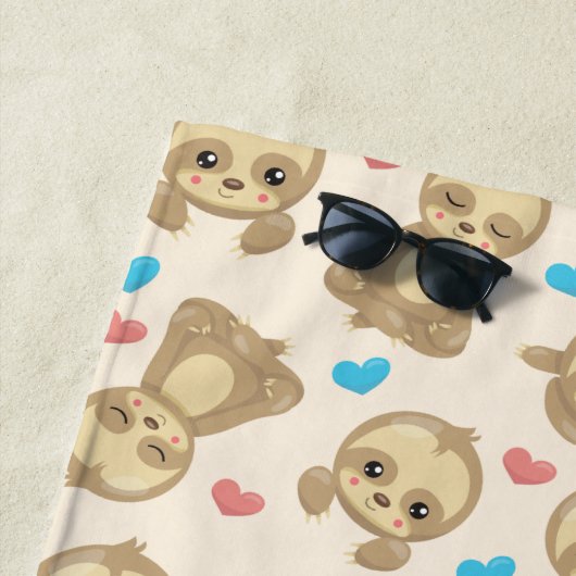 ナマケモノのパターン，かわいいナマケモノ，ハート ビーチタオル (インサイチュ)