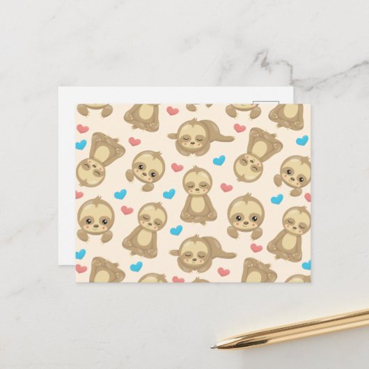 ナマケモノのパターン,かわいいナマケモノ,ハート ポストカード (正面/裏面インサイチュ)