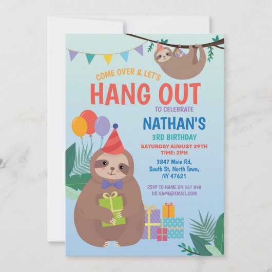 ナマケモノのパーティー誕生日かわいいおもしろいブルーの動物たち 招待状 (正面)