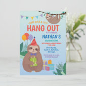 ナマケモノのパーティー誕生日かわいいおもしろいブルーの動物たち 招待状 (スタンド正面)