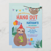 ナマケモノのパーティー誕生日かわいいおもしろいブルーの動物たち 招待状 (正面/裏面)