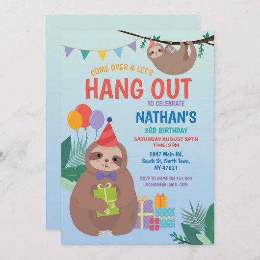 ナマケモノのパーティー誕生日かわいいおもしろいブルーの動物たち 招待状 (正面/裏面)