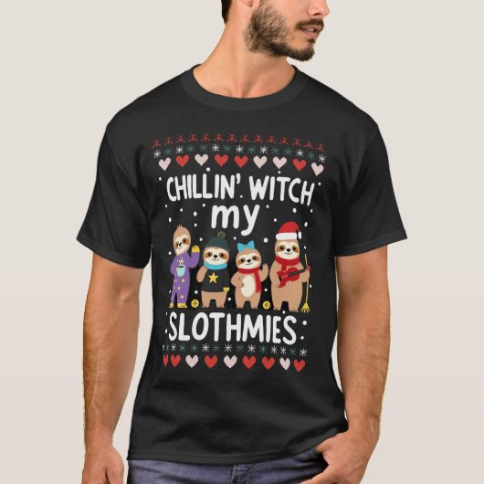 ナマケモノの仲間とリラックス 面白いナマケモノのクリスマス Tシャツ (正面)