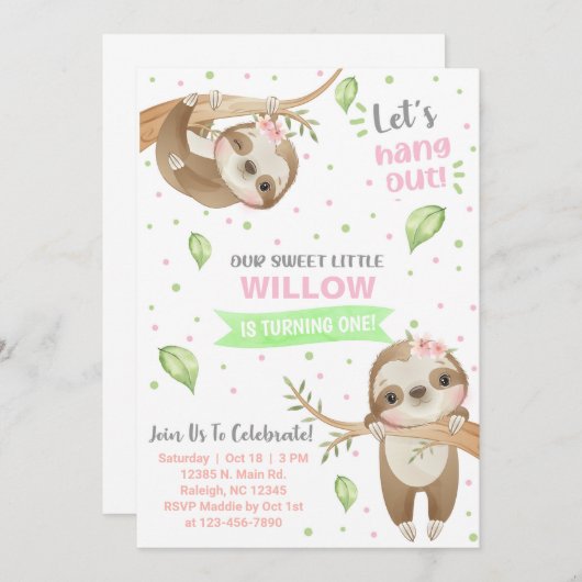 ナマケモノの女の子の誕生日の招待、任意の年齢。 招待状 (正面/裏面)