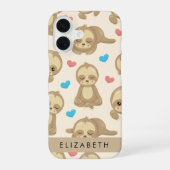 ナマケモノの柄、かわいいナマケモノ、ハート、あなたの名前 iPhone 16ケース (裏面)