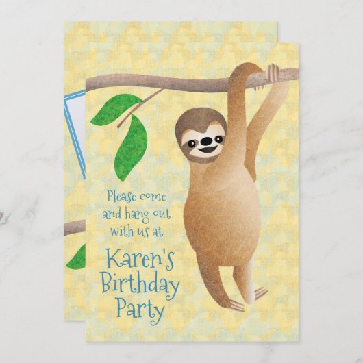 ナマケモノの誕生日パーテつるィーが子供の写真で外へ 招待状 (正面/裏面)