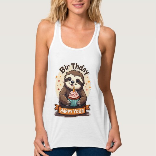 ナマケモノの誕生日Tシャツ レトロなケーキ 動物グラフィック タンクトップ (正面)
