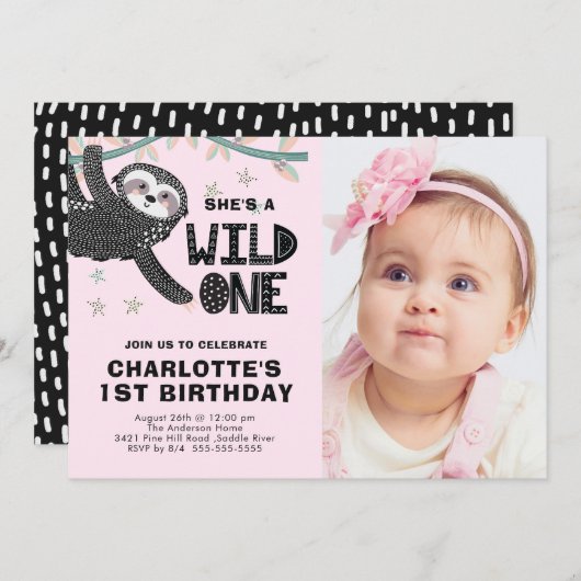 ナマケモノの1歳誕生日写真 誕生日招待状 招待状 (正面/裏面)