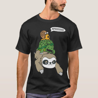 ナマケモノ亀 カタツムリ ピギーバック 動物 走る少年 Tシャツ