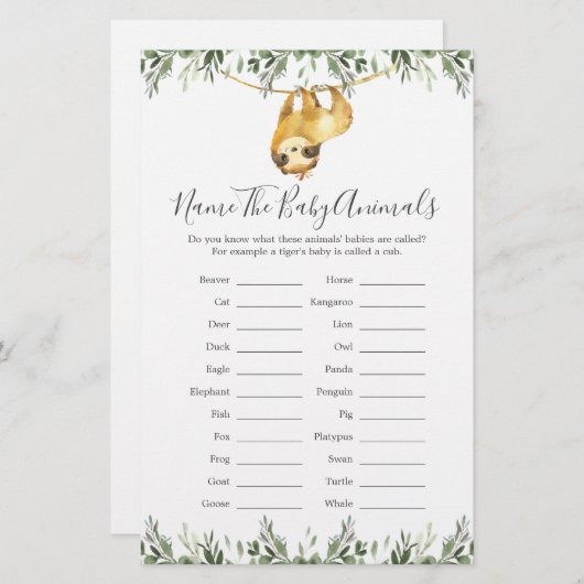 ナマケモノ赤ちゃんシャワー赤ちゃん動物の名前 (正面/裏面)