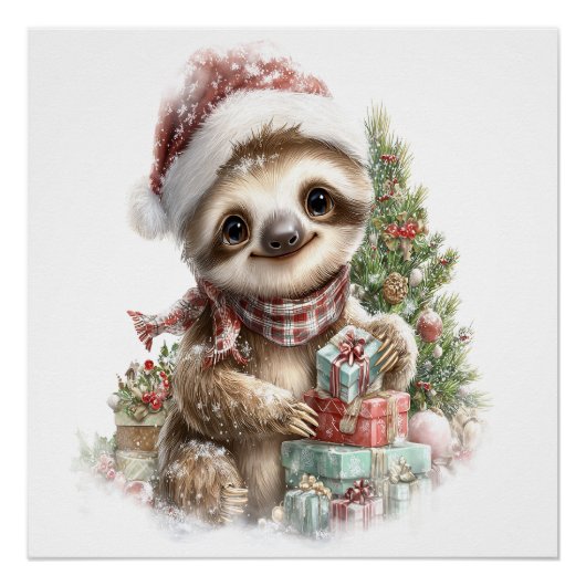 ナマケモノTシャツ クリスマス サンタ帽子 ポスター (正面)