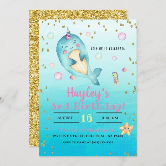 ナマコの水彩パステルガールズバースデーパーティー 招待状 (正面/裏面)