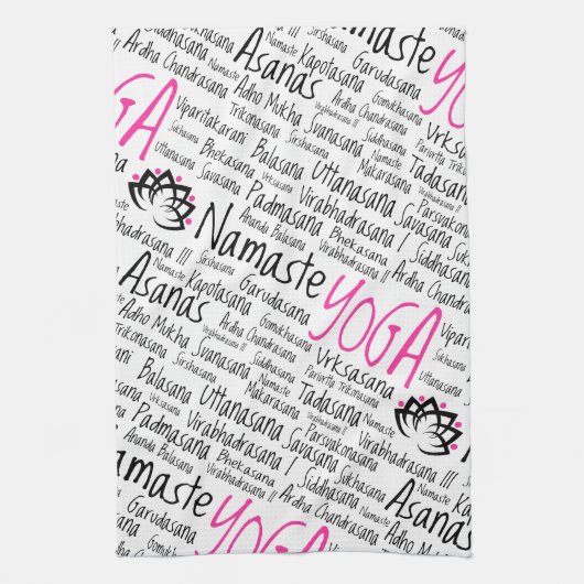 ナマステのヨガAsanasはSanskritの名前を置きます キッチンタオル (縦)