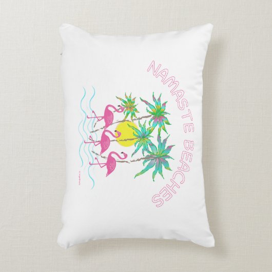 ナマステは禅のヨガの熱帯おもしろいのグラフィックを浜に引き上げます アクセントクッション (正面(垂直))