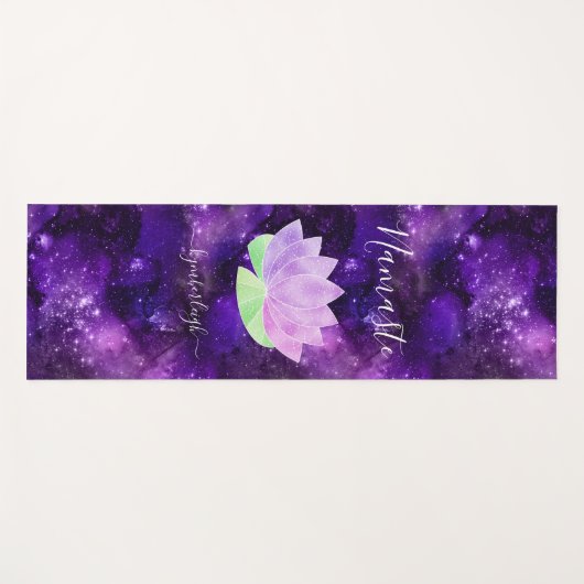 ナマステコズミックパープルロータスフラワーモノグラム名 ヨガマット (正面(横))
