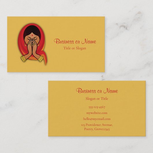 ナマステ・グリーティングで頭のスカーフをしたヒンドゥー教の女性 名刺 (正面/裏面)