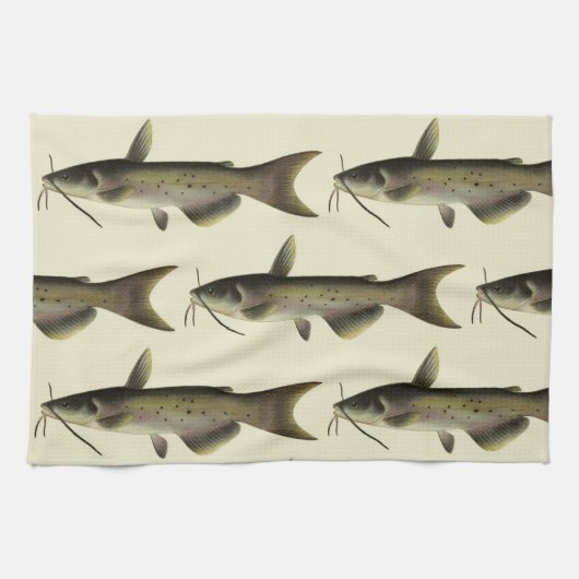 ナマズ釣り、ヴィンテージの海洋生物河川魚 キッチンタオル (横)