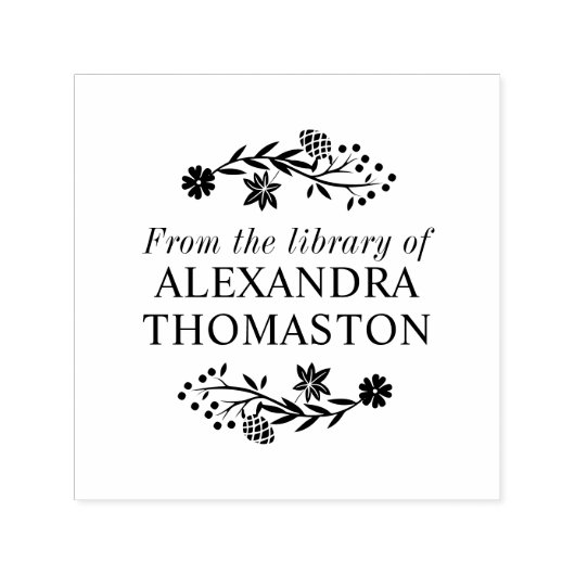 ナラの木の花の枝の図書館の本の名前 セルフインキングスタンプ (デザイン)