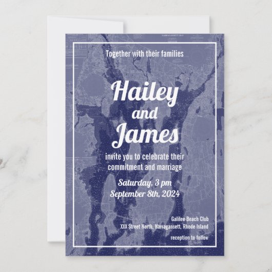 ナラガンセットベイニューポートヴィンテージ結婚マップの招待 招待状 (正面)