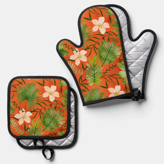 ナラニハワイアントロピカルガーデンオレンジ 鍋つかみ&鍋敷きセット (正面/裏面)