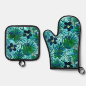 ナラニハワイアントロピカルガーデンティール（緑がかった色）グリーン 鍋つかみ&鍋敷きセット (正面)