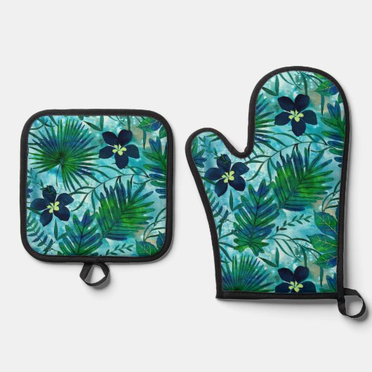 ナラニハワイアントロピカルガーデンティール（緑がかった色）グリーン 鍋つかみ&鍋敷きセット (正面)