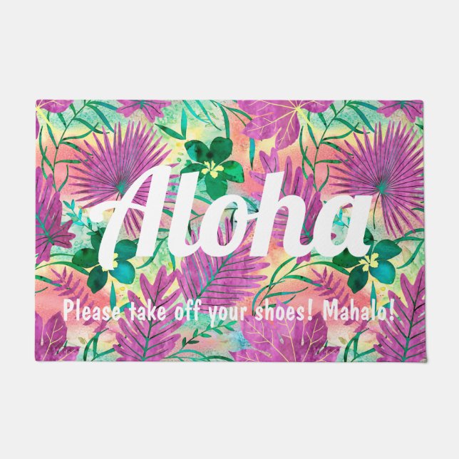 ナラニハワイアントロピカルガーデン明るい赤紫色 ドアマット (正面)