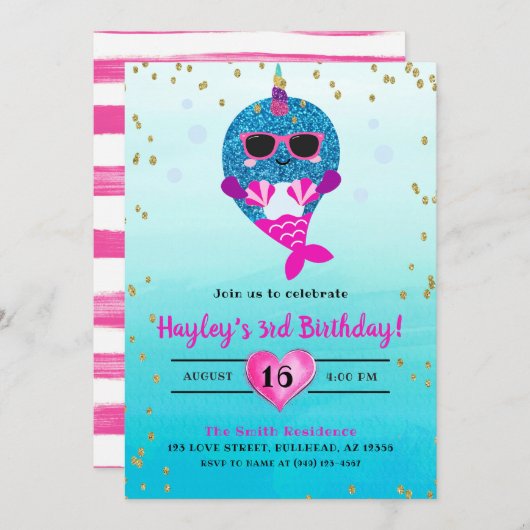 ナルホールマーメイドガールズグリッター水彩夏 招待状 (正面/裏面)