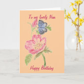 ナンのためのカード。 ピンクの花のかわいらしい蝶 カード (黄色い花)