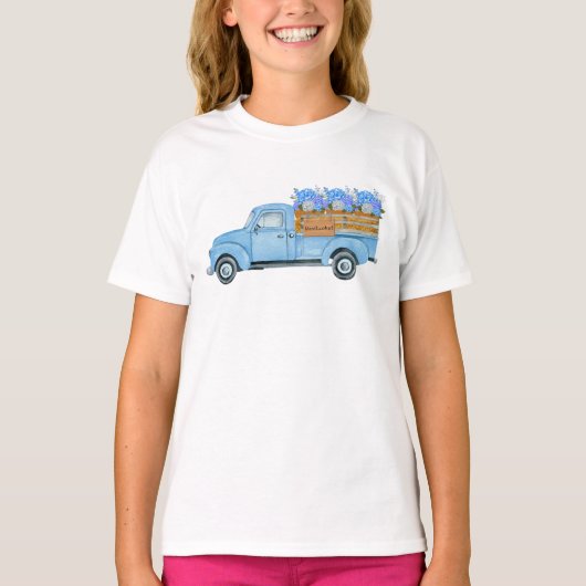 ナンタケットの水彩ブルートラックとアジサイ Tシャツ (正面)
