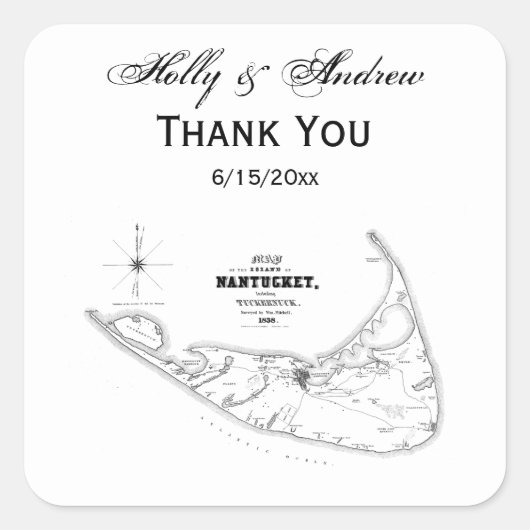 ナンタケットアイランドMAヴィンテージマップブラック スクエアシール (正面)