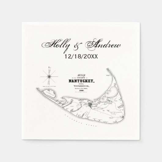 ナンタケットアイランドMAヴィンテージマップブラック スタンダードカクテルナプキン (正面)