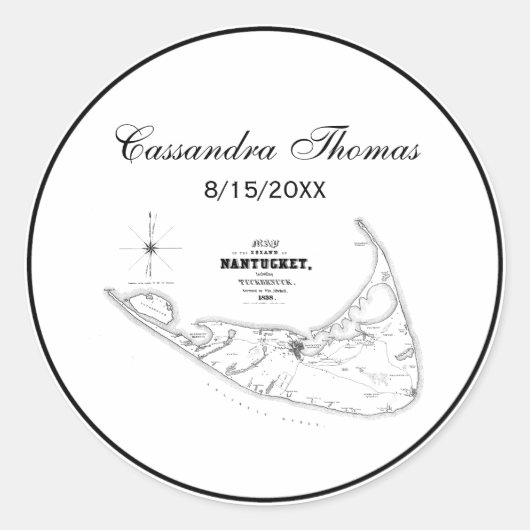 ナンタケットアイランドMAヴィンテージマップブラック ラウンドシール (正面)
