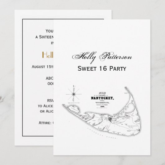 ナンタケットアイランドMAヴィンテージマップブラック 招待状 (正面/裏面)