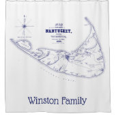 ナンタケットアイランドMAヴィンテージマップNavy Blue シャワーカーテン (正面)