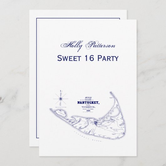 ナンタケットアイランドMAヴィンテージマップNavy Blue 招待状 (正面/裏面)