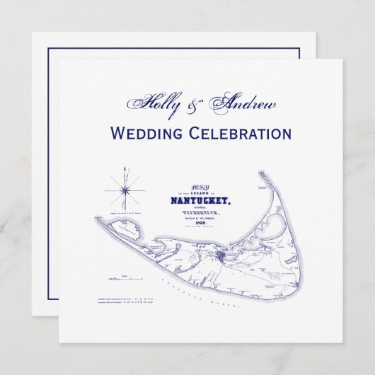 ナンタケットアイランドMAヴィンテージマップNavy Blue 招待状 (正面/裏面)