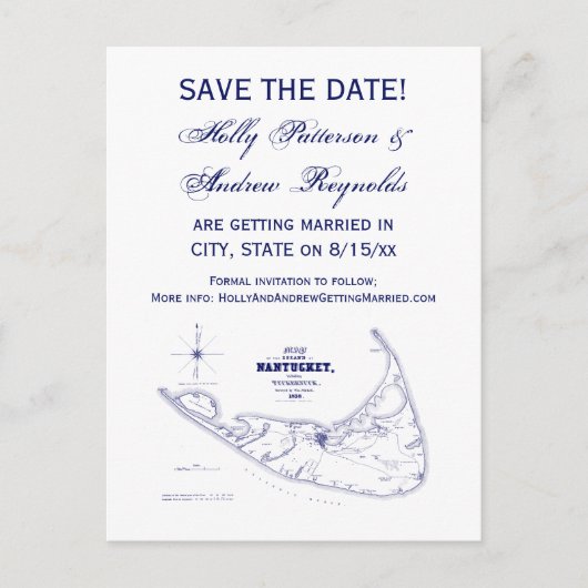 ナンタケットアイランドMAヴィンテージマップNavy Blue 案内ポストカード (正面)