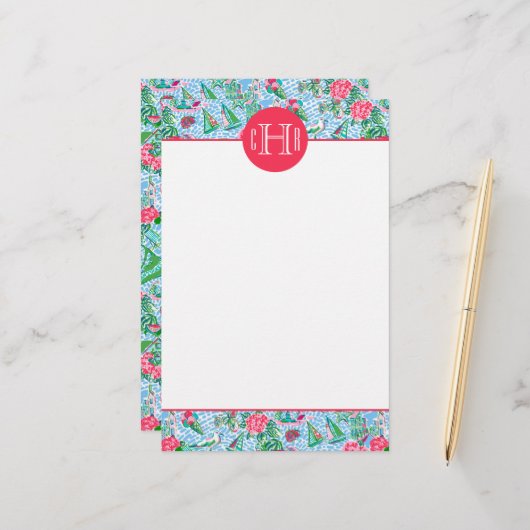 ナンタケットパ名門私立校風のームビーチパタモノグラムのーン 便箋 (正面/裏面インサイチュ)