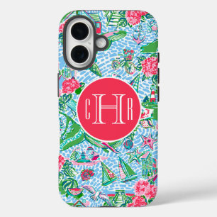 ナンタケットパ名門私立校風のームビーチプリントモノグラムの iPhone 16ケース