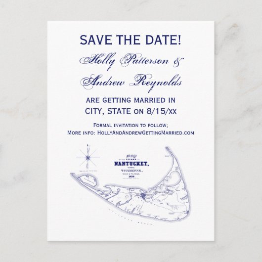 ナンタケット島 MA ヴィンテージマップ ネイビーブルー 案内ポストカード (正面)